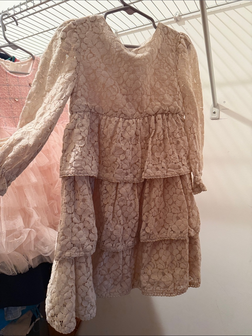 Mini Boden Lace Tiered Long-Sleeve Dress in Beige